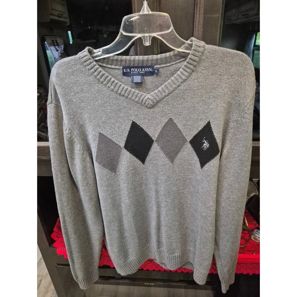 COZY CABINCORE ECLECTIC RETRO Gray‎ Argyle V-Neck Sweater Cotton Blend Large